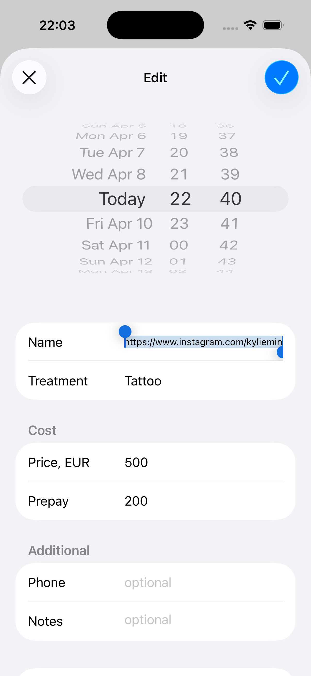 Appointment editor with an Instagram profile link pasted into the name field