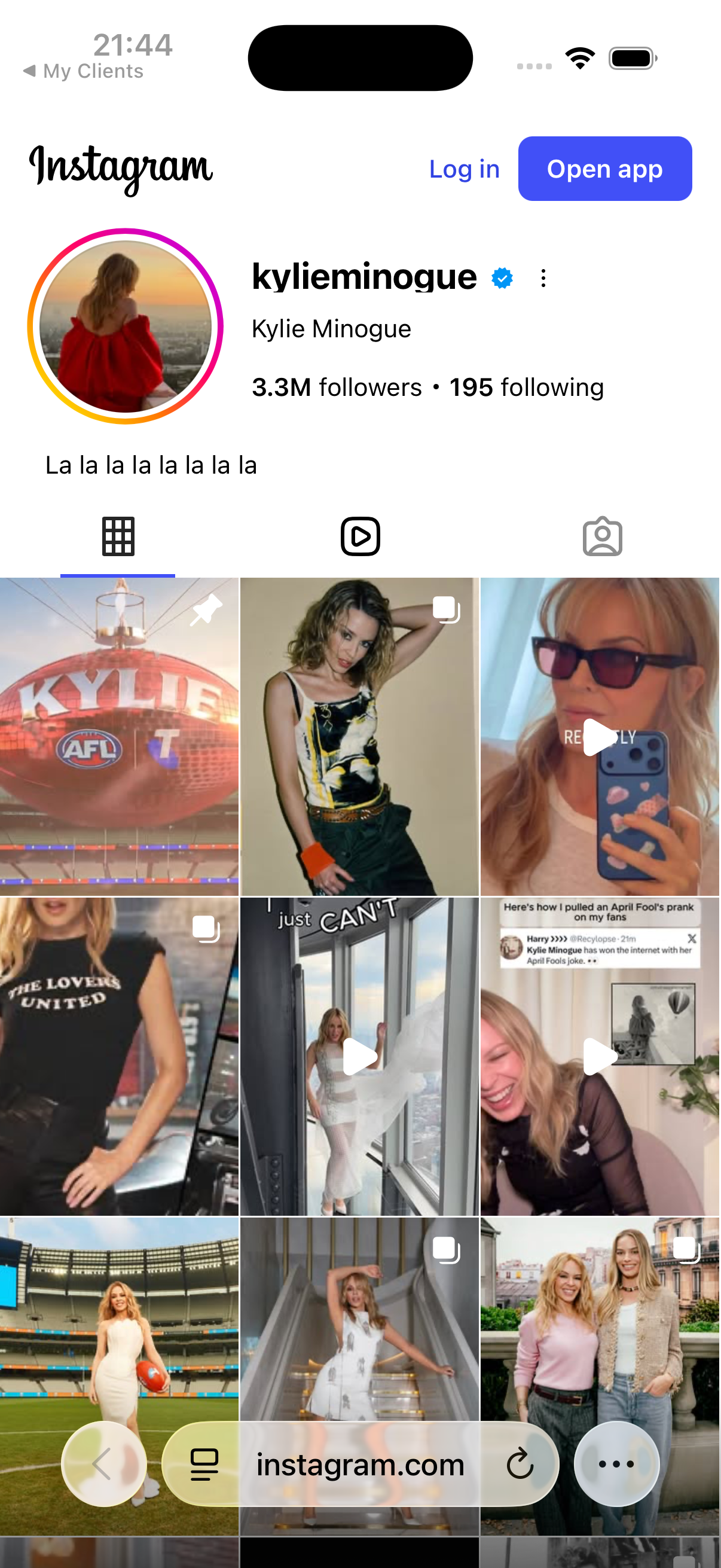 Профиль клиента в Instagram, открытый прямо из записи