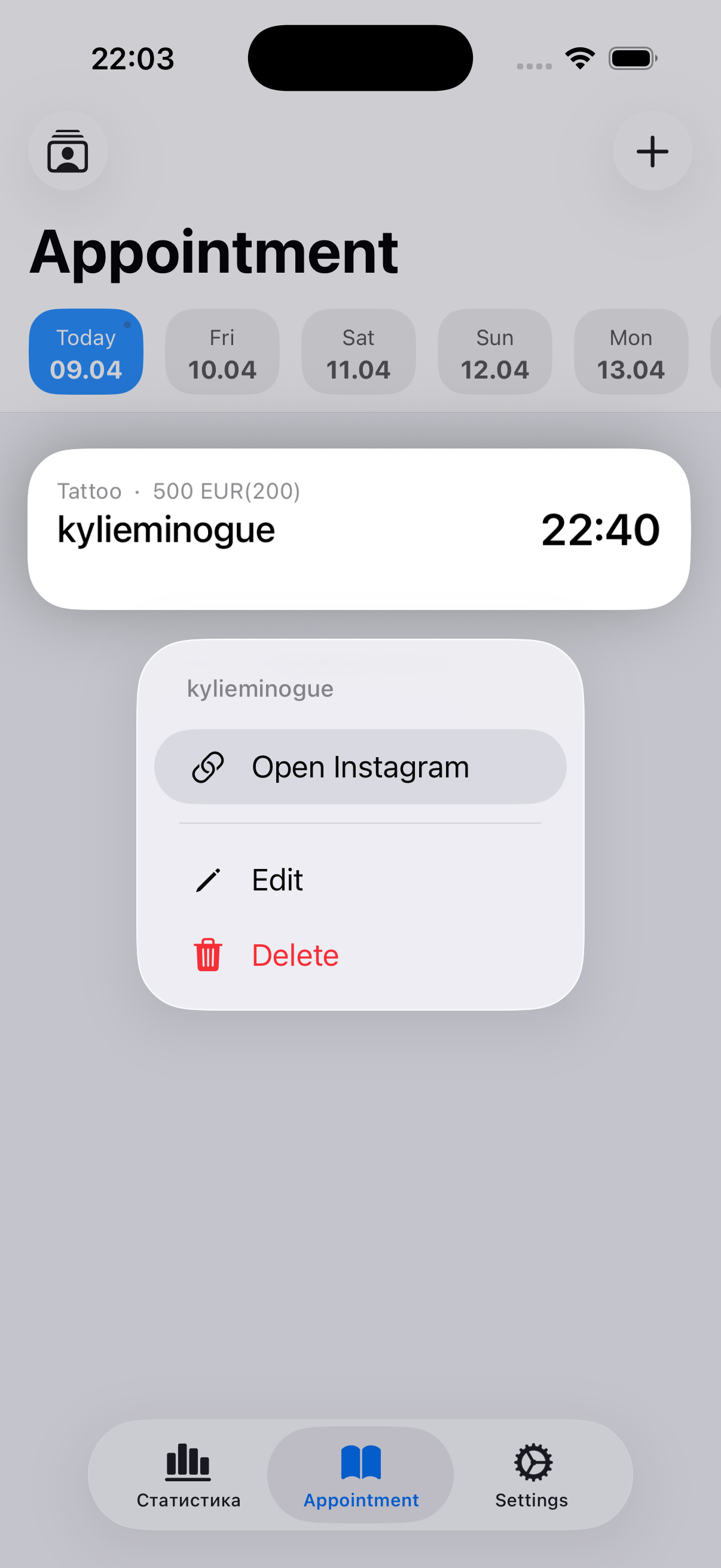 Long-press menu on an appointment showing the Open Instagram quick action