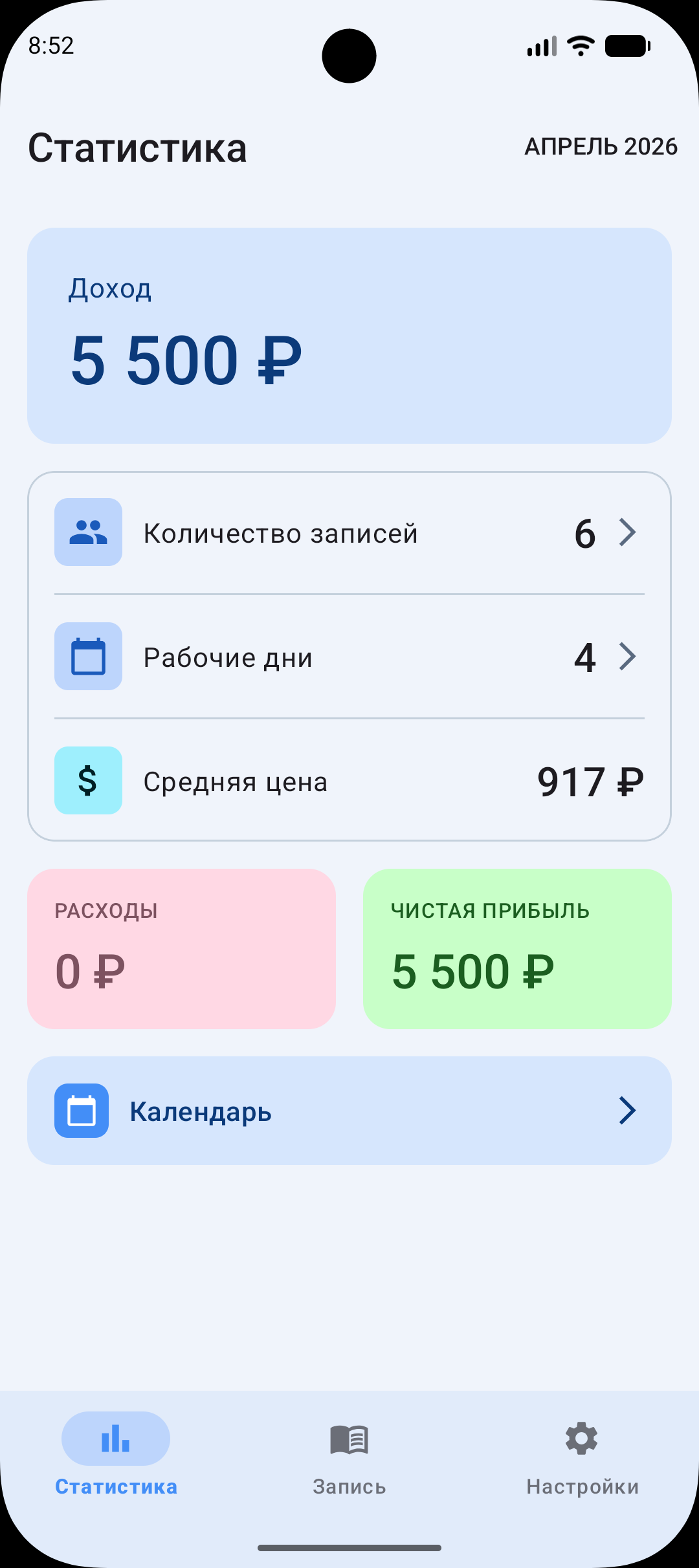 Экран статистики за месяц — доход, количество записей, рабочие дни, средняя цена, расходы, чистая прибыль